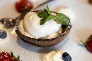 Nahaufnahme einer Kokonusschale mit weißem Eis, Minzblättern, Erdbeeren und Blaubeeren.